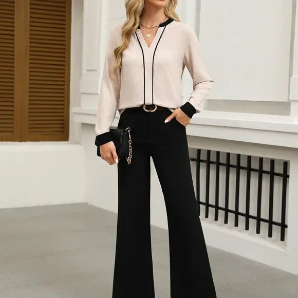 Lightweight Long Sleeve V-Neck Blouse - Medium Apricot Color Block Style - Picture 6 of 6